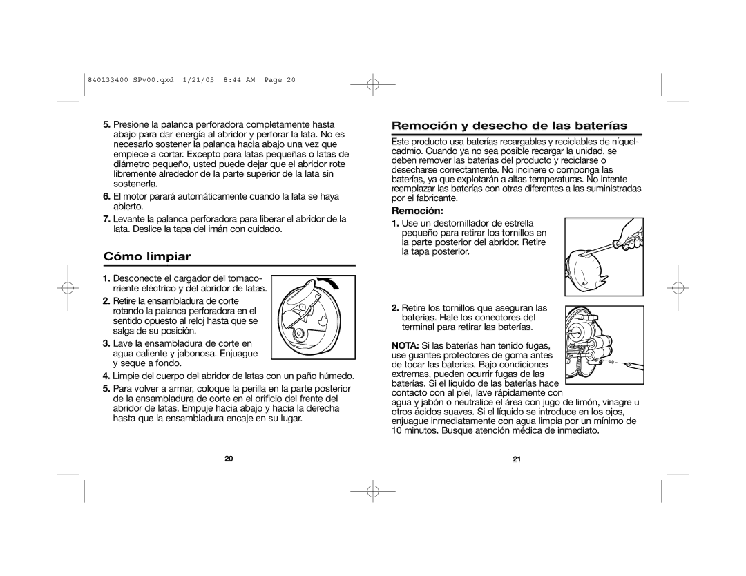 Hamilton Beach 76500 manual Cómo limpiar, Remoción y desecho de las baterías 