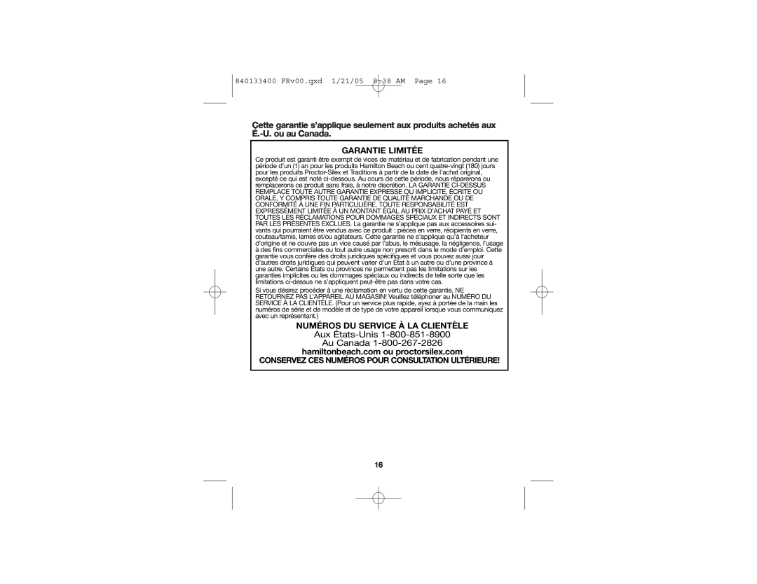 Hamilton Beach 76500 manual Aux États-Unis Au Canada, Garantie Limitée, Numéros Du Service À La Clientèle 