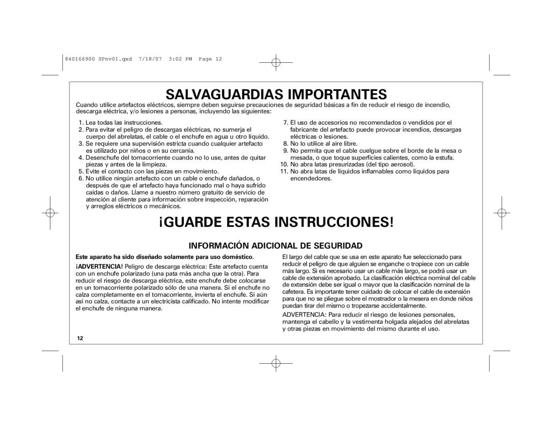 Hamilton Beach 76607 manual Salvaguardias Importantes 