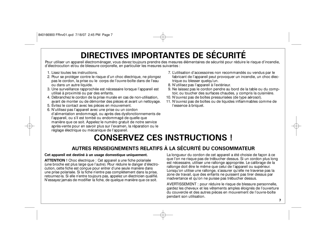 Hamilton Beach 76607 manual Directives Importantes DE Sécurité 