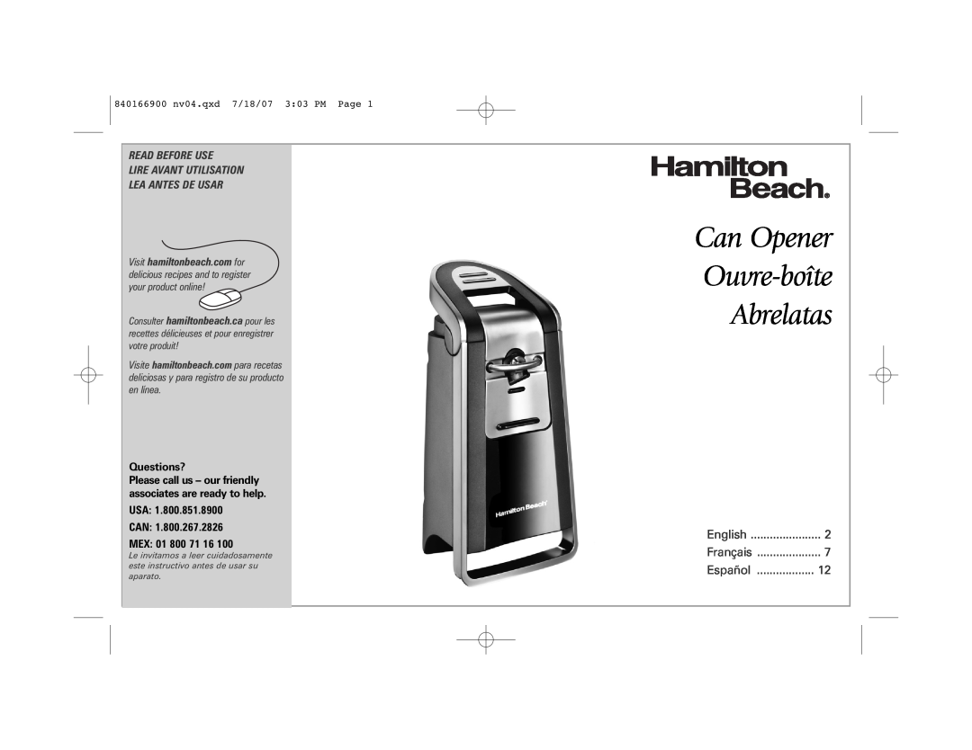 Hamilton Beach 76607 manual Can Opener Ouvre-boîte Abrelatas, Read Before Use Lire Avant Utilisation, Lea Antes De Usar 