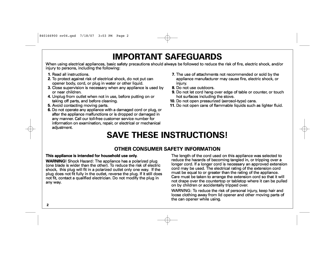 Hamilton Beach 76607 manual Important Safeguards, Save These Instructions, Other Consumer Safety Information 