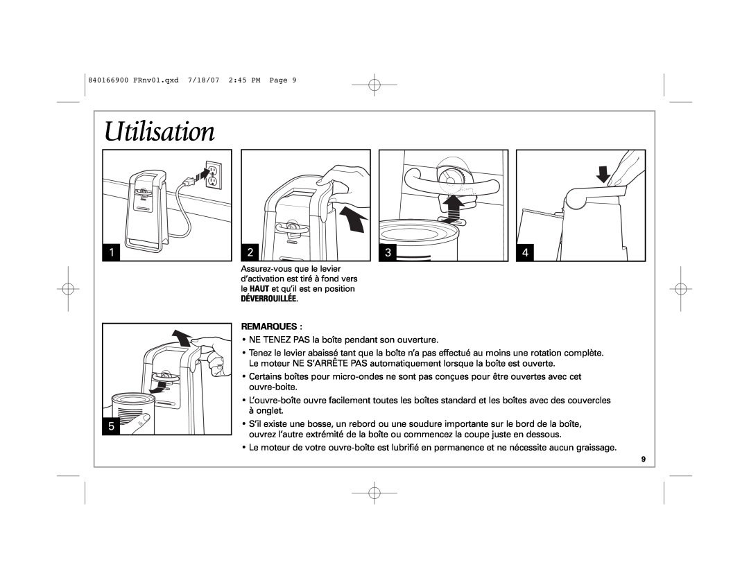 Hamilton Beach 76607 manual Utilisation, Remarques 