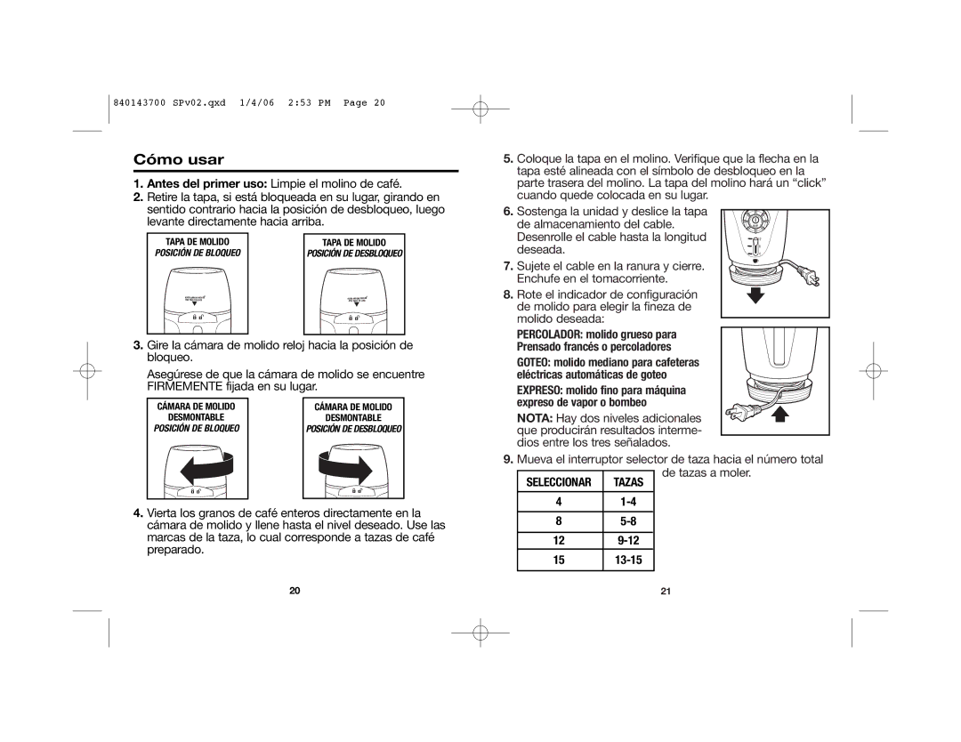 Hamilton Beach 80365C manual Cómo usar, Tapa DE Molido 