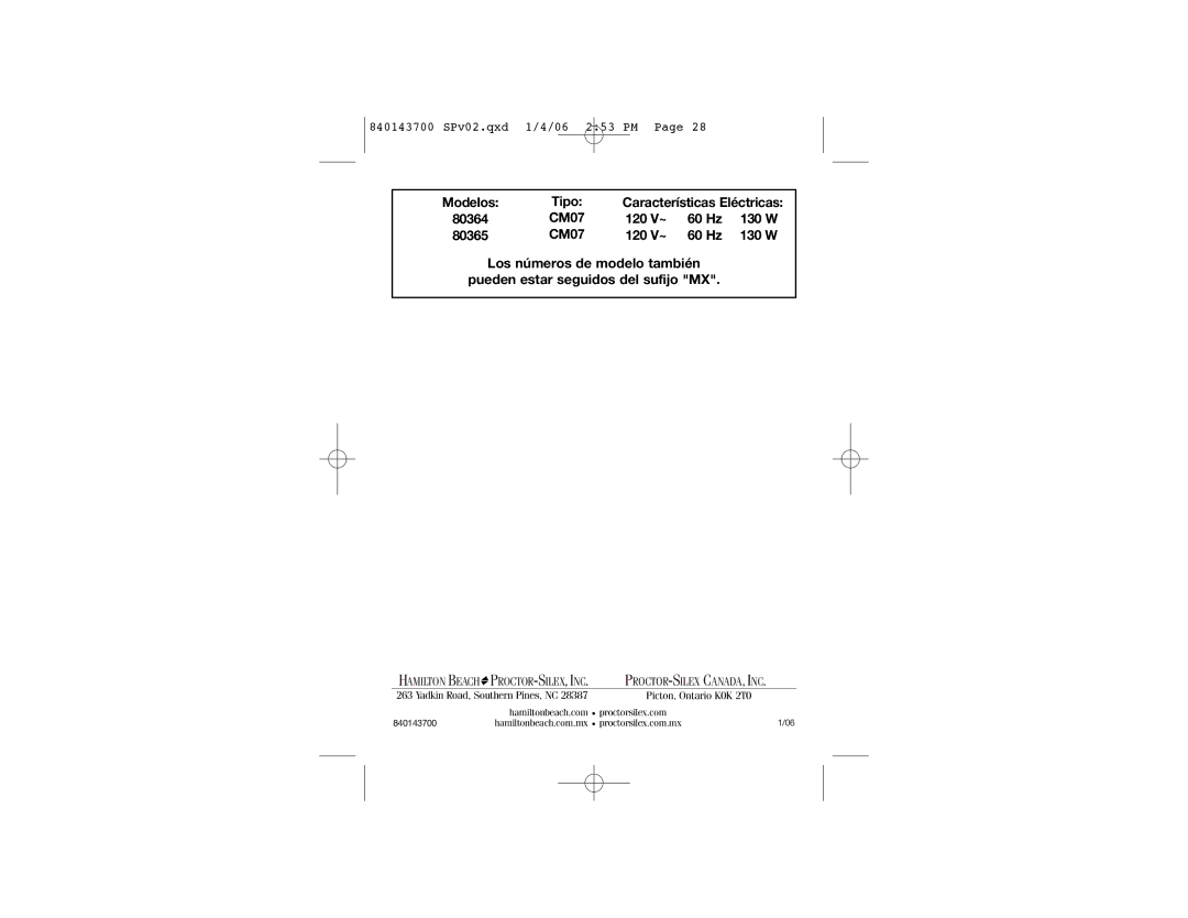 Hamilton Beach 80365C manual Tipo, CM07 120 V~ 60 Hz 130 W 