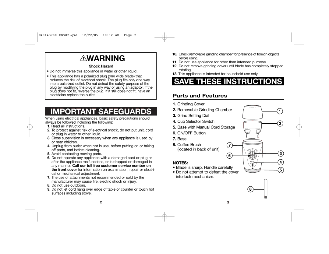 Hamilton Beach 80365C manual Parts and Features, Shock Hazard 