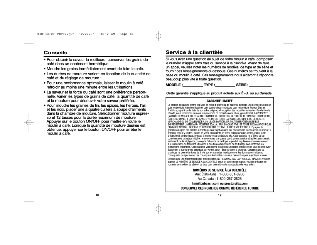 Hamilton Beach 80365C manual Conseils, Service à la clientèle, Aux États-Unis Au Canada 