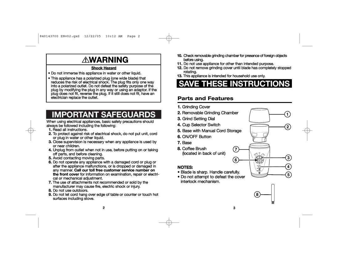 Hamilton Beach 80365C manual Save These Instructions, Important Safeguards, Parts and Features, Shock Hazard 