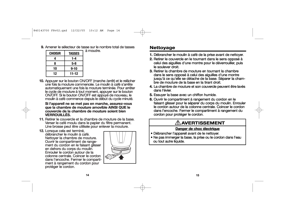 Hamilton Beach 80365C manual Nettoyage, Avertissement, Verrouillés, Danger de choc électrique, Choisir, Tasses 