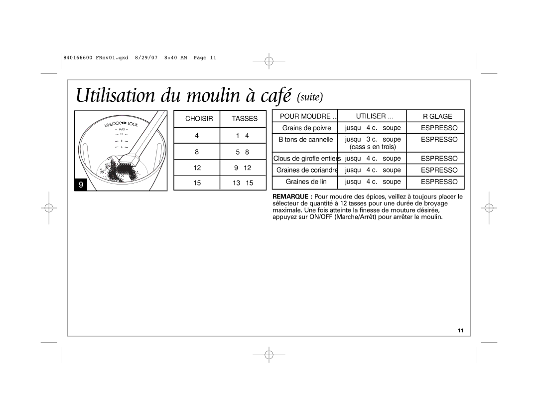 Hamilton Beach 80374 manual Utilisation du moulin à café suite, Choisir Tasses, Utiliser Réglage, Pour Moudre 