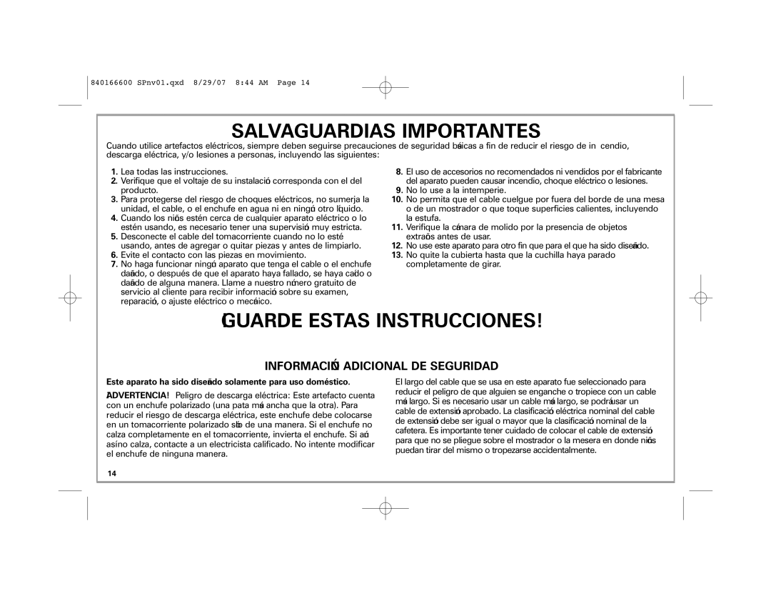 Hamilton Beach 80374 manual Salvaguardias Importantes, Este aparato ha sido diseñado solamente para uso doméstico 