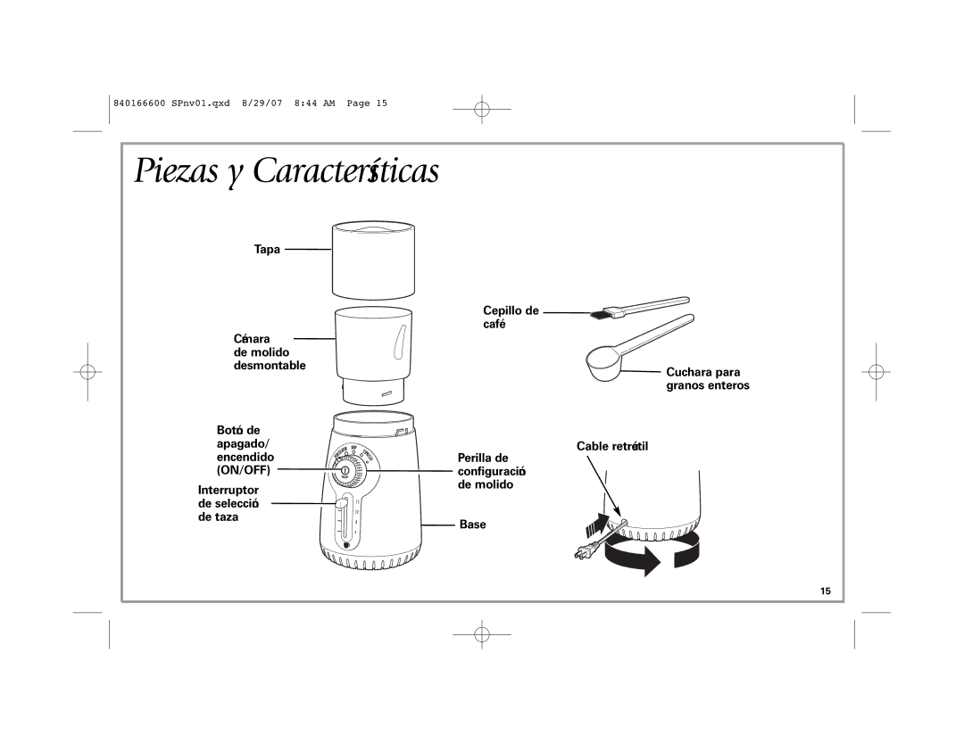 Hamilton Beach 80374 manual Piezas y Características, On/Off, Granos enteros 
