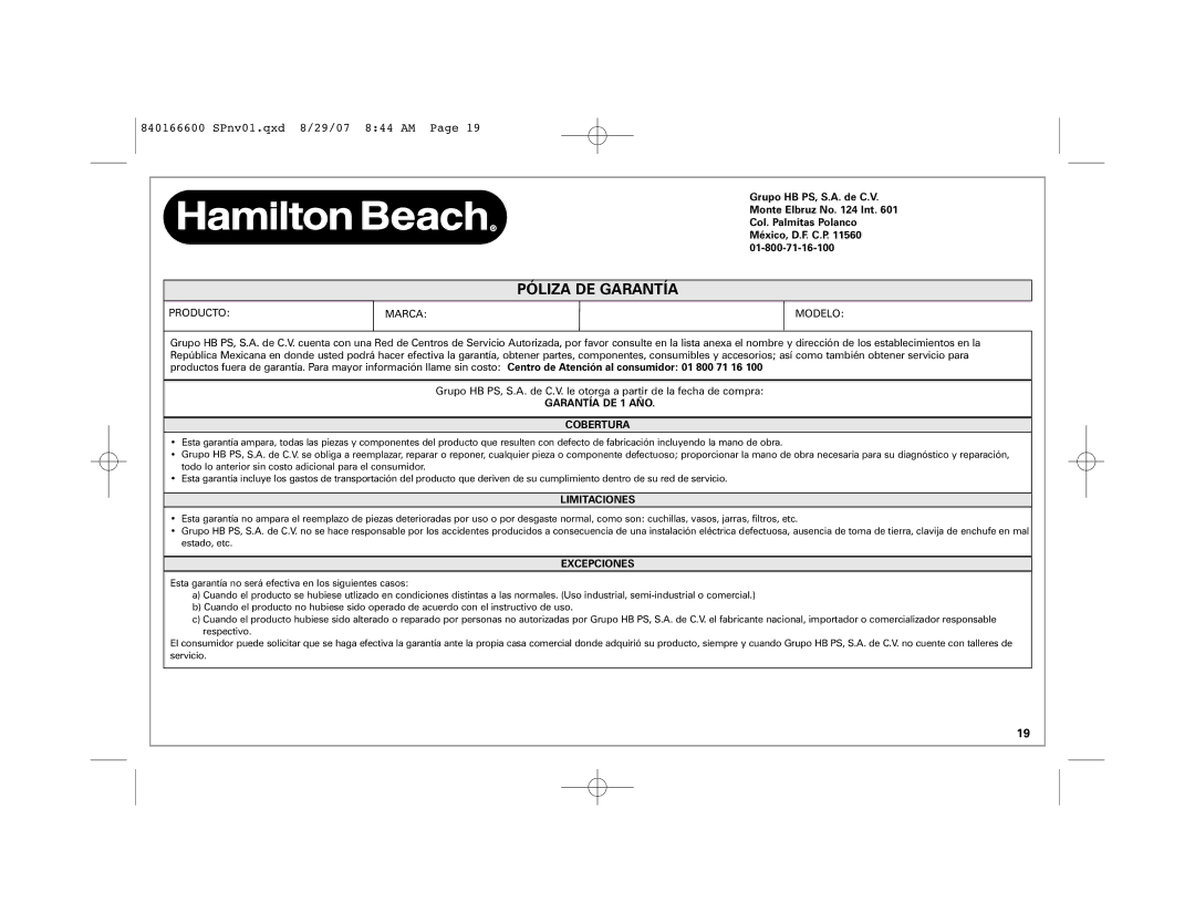 Hamilton Beach 80374 manual Póliza DE Garantía, Marca Modelo 