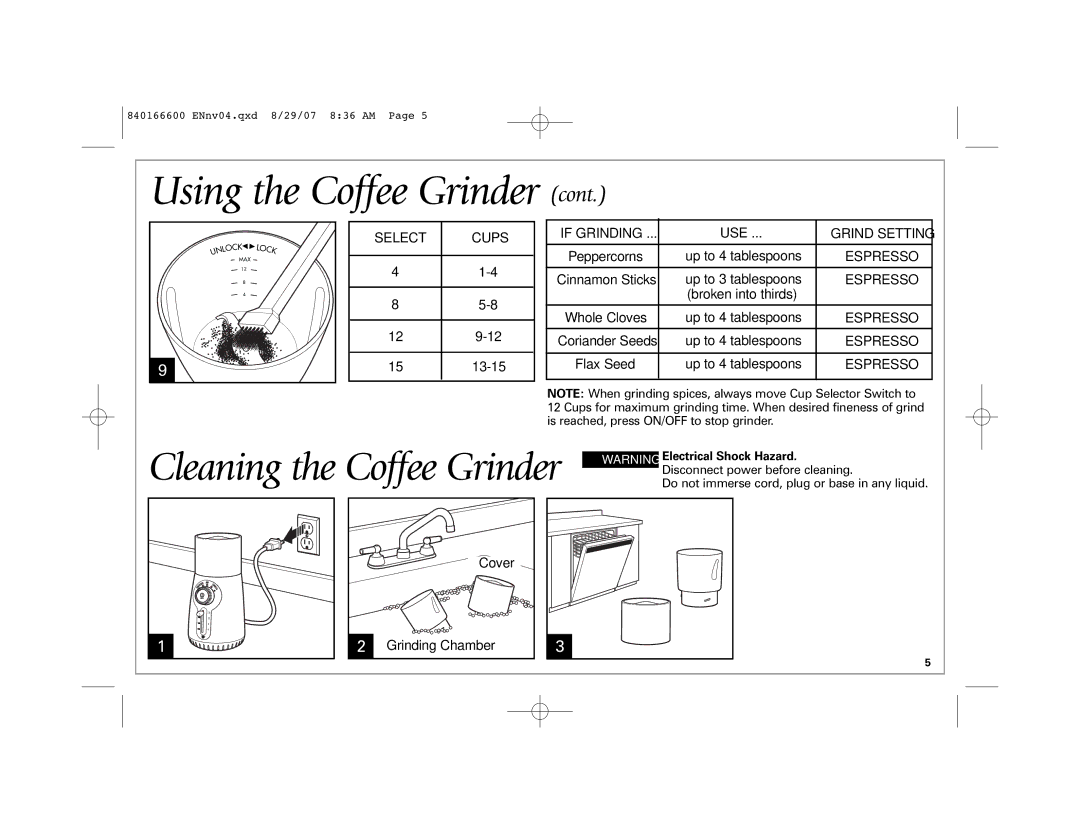 Hamilton Beach 80374 manual Select Cups, If Grinding, Grind Setting, Electrical Shock Hazard 