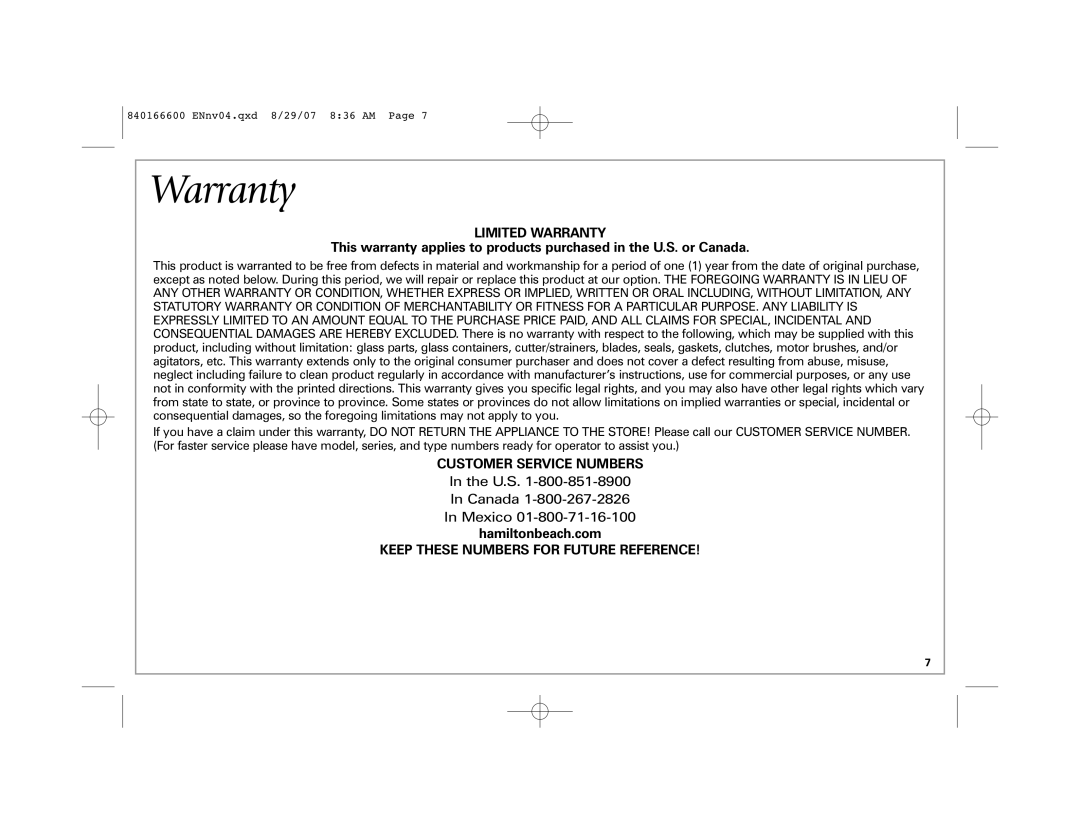 Hamilton Beach 80374 manual Limited Warranty, Customer Service Numbers, Keep These Numbers for Future Reference 