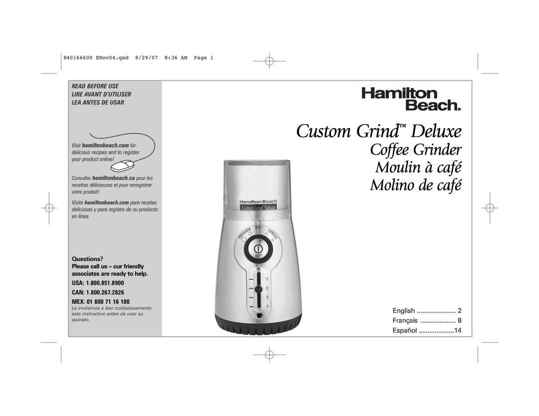 Hamilton Beach 80374 manual Custom Grind Deluxe, Coffee Grinder Moulin à café Molino de café, Questions?, English, Español 