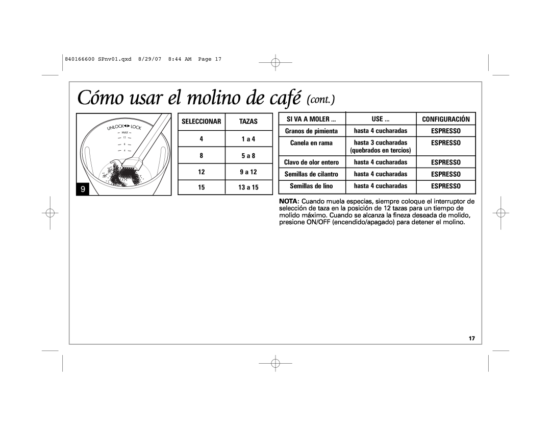 Hamilton Beach 80374 manual Cómo usar el molino de café cont, Tazas, Seleccionar, Si Va A Moler, Configuración 