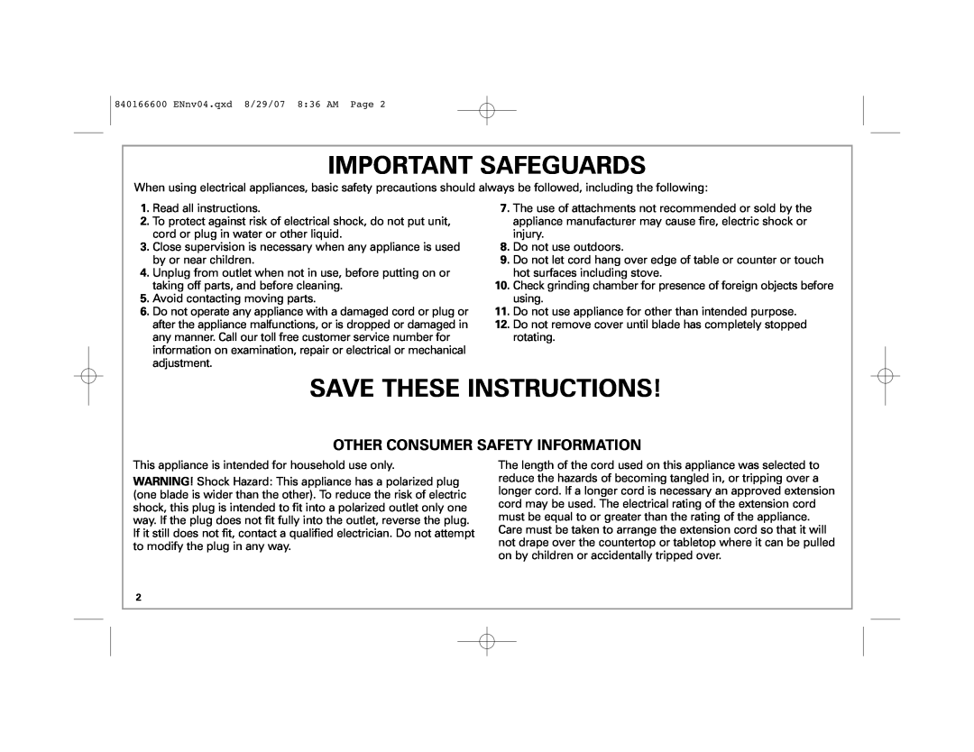 Hamilton Beach 80374 manual Important Safeguards, Save These Instructions, Other Consumer Safety Information 