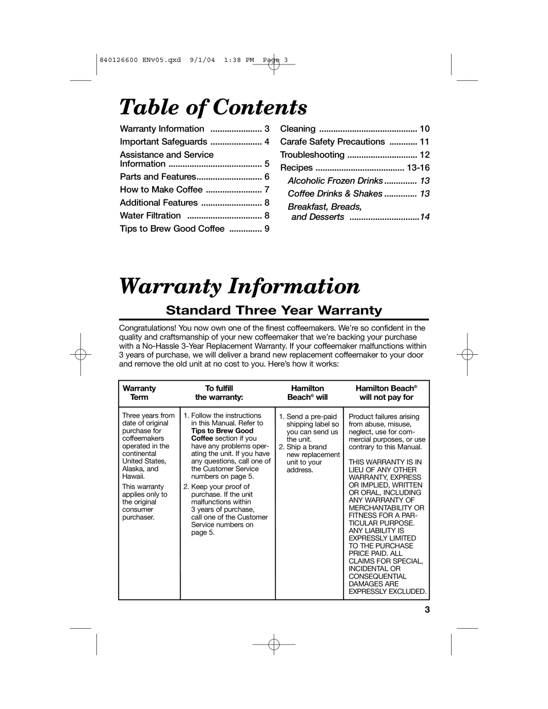 Hamilton Beach 80674 manual Table of Contents, Warranty Information, Standard Three Year Warranty, Breakfast, Breads 