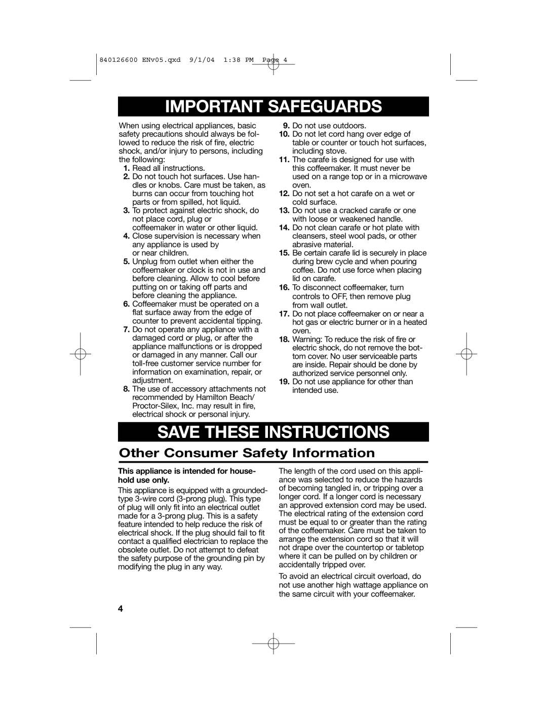 Hamilton Beach 80674 manual Other Consumer Safety Information, Important Safeguards, Save These Instructions 