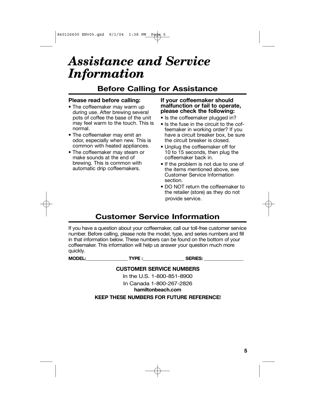 Hamilton Beach 80674 manual Assistance and Service Information, Before Calling for Assistance, Customer Service Information 