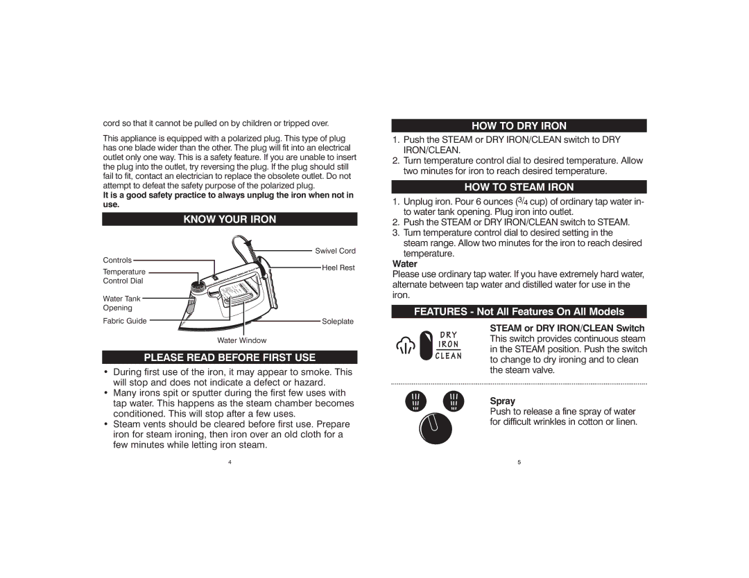 Hamilton Beach 840043400 manual Know Your Iron HOW to DRY Iron, HOW to Steam Iron, Please Read Before First USE, Water 