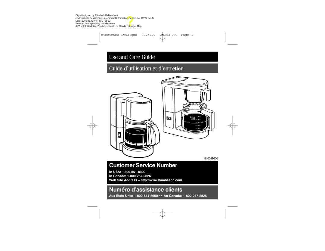 Hamilton Beach 840049600 manual Customer Service Number 