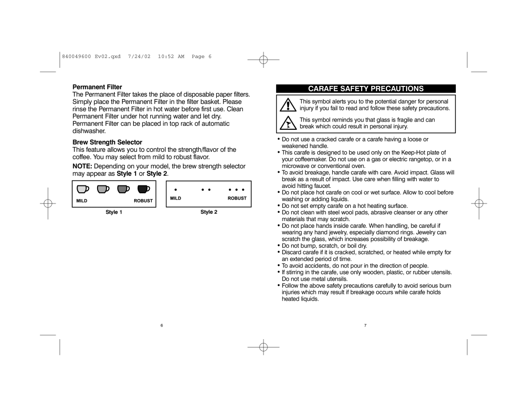 Hamilton Beach 840049600 manual Carafe Safety Precautions, Permanent Filter, Brew Strength Selector 