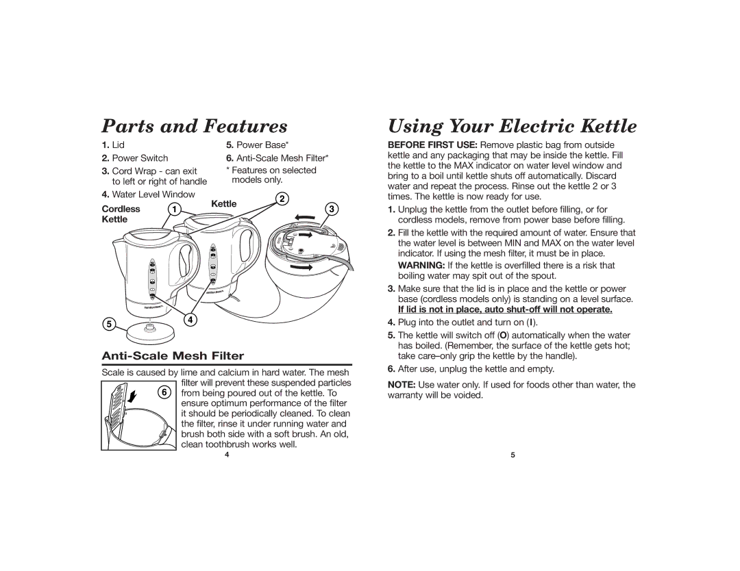 Hamilton Beach 840055200 manual Parts and Features, Using Your Electric Kettle, Anti-Scale Mesh Filter 