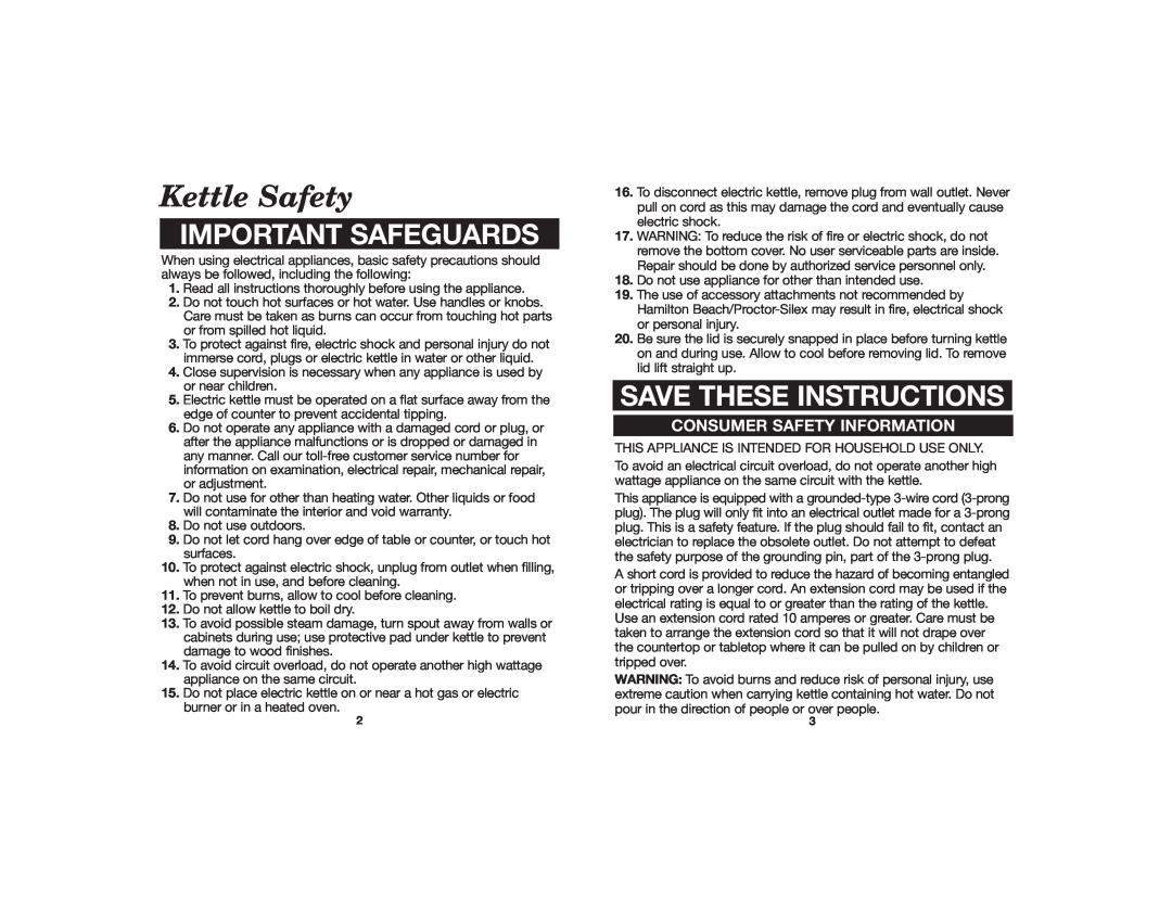 Hamilton Beach 840055200 manual Kettle Safety, Important Safeguards, Save These Instructions, Consumer Safety Information 