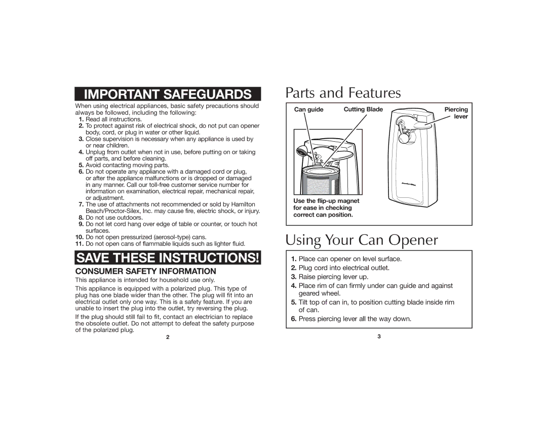 Hamilton Beach 840055600 manual Parts and Features, Using Your Can Opener 