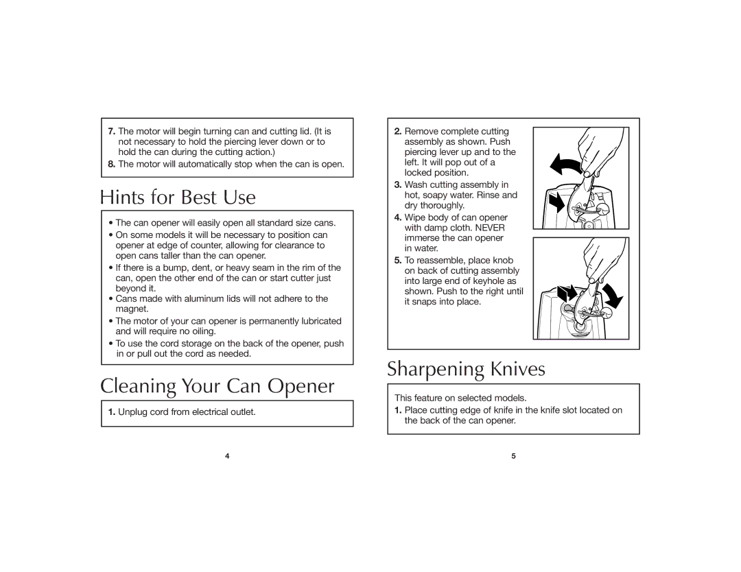 Hamilton Beach 840055600 manual Hints for Best Use, Cleaning Your Can Opener, Sharpening Knives 