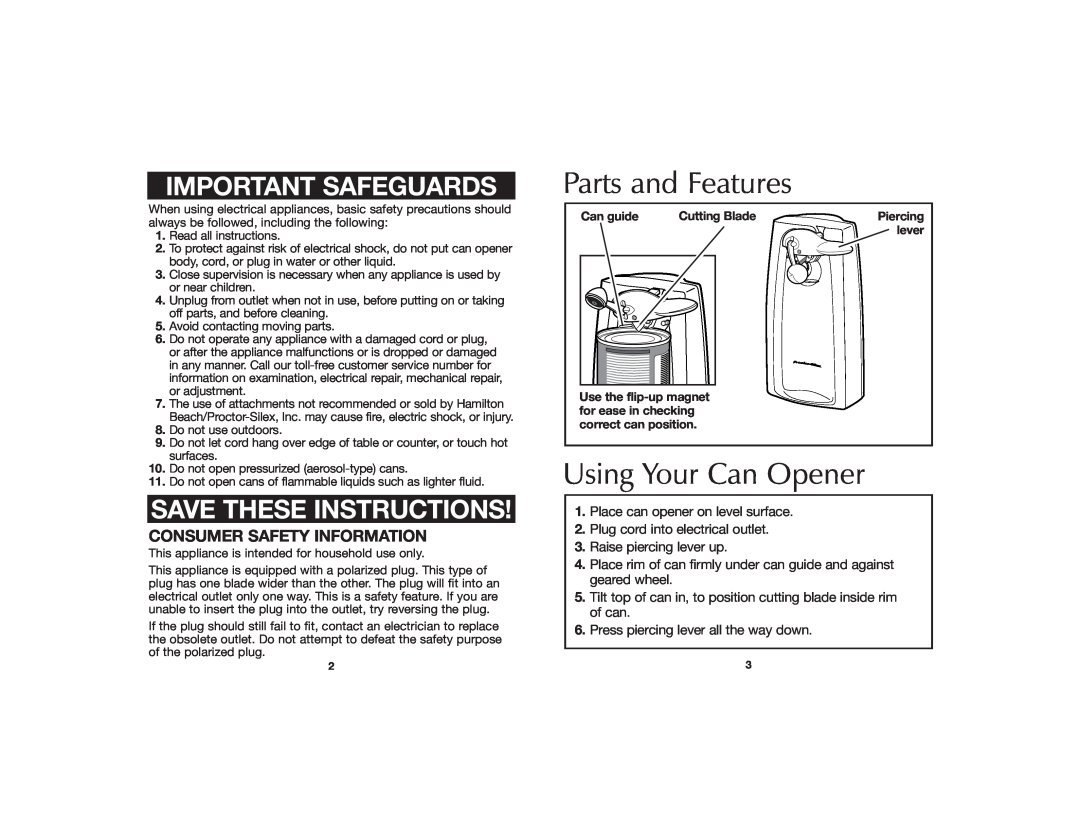 Hamilton Beach 840055600 Parts and Features, Using Your Can Opener, Important Safeguards, Save These Instructions, lever 