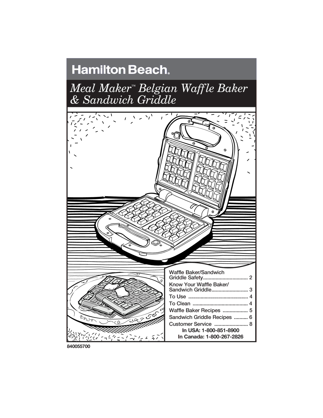 Hamilton Beach 840055700 manual Meal Maker Belgian Waffle Baker & Sandwich Griddle 