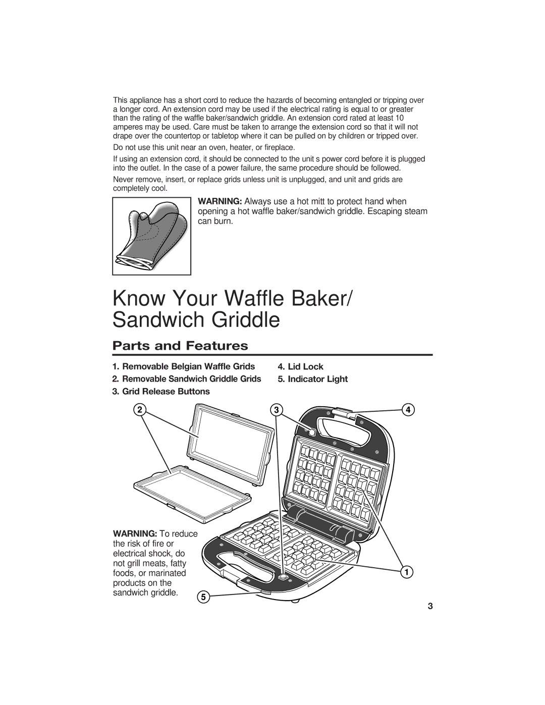 Hamilton Beach 840055700 manual Know Your Waffle Baker/ Sandwich Griddle, Parts and Features 