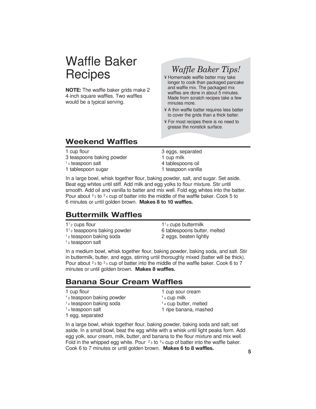 Hamilton Beach 840055700 manual Waffle Baker Recipes, Weekend Waffles, Buttermilk Waffles, Banana Sour Cream Waffles 