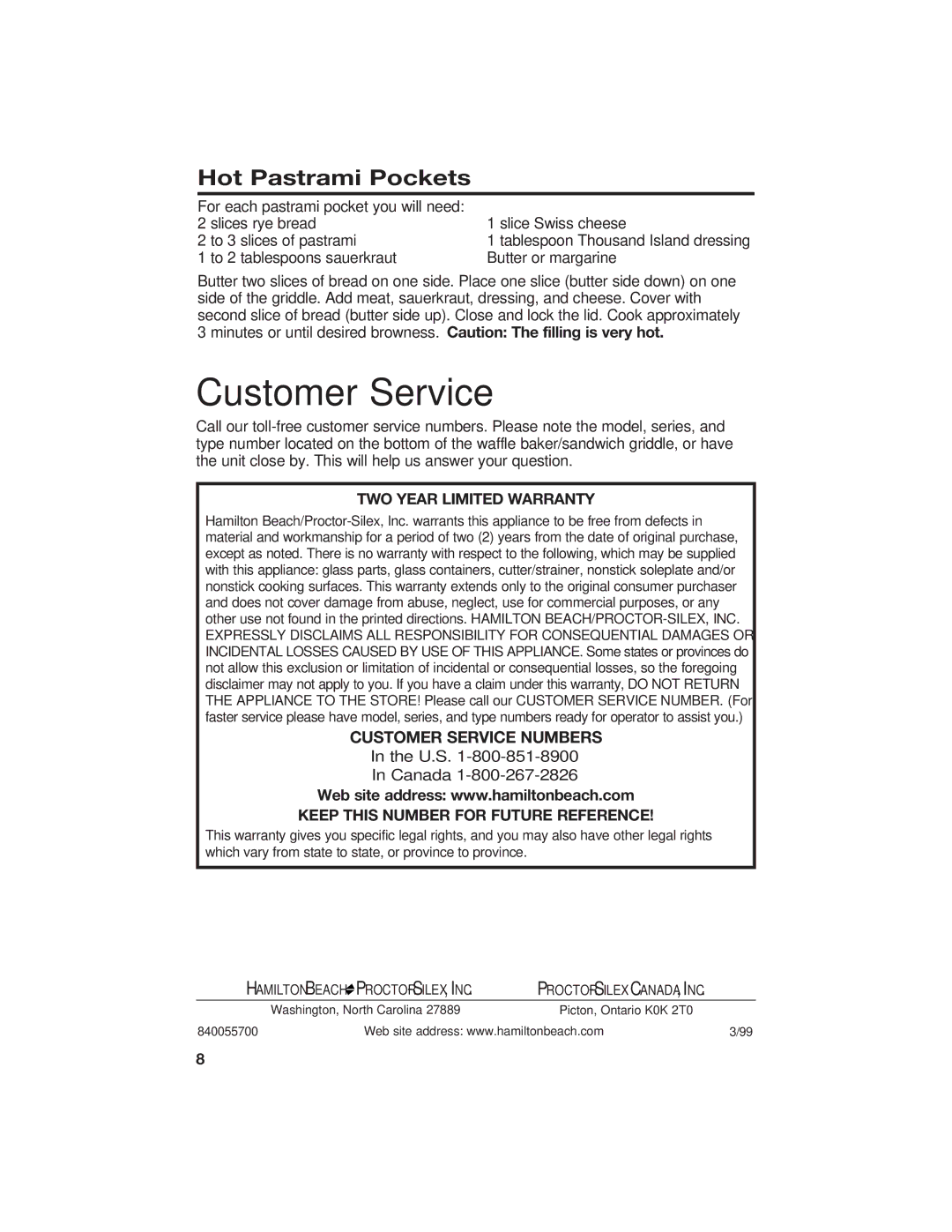 Hamilton Beach 840055700 manual Customer Service, Hot Pastrami Pockets 