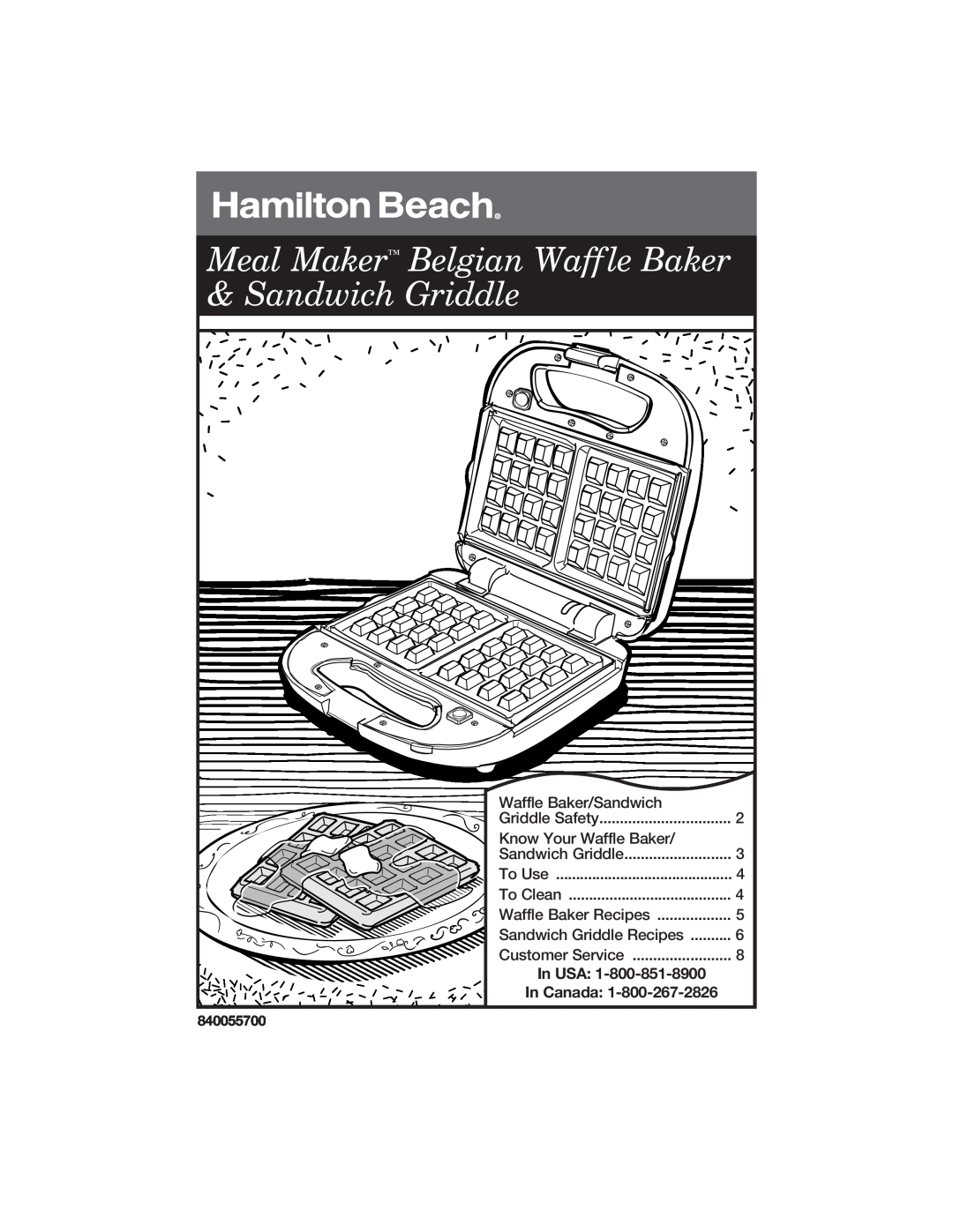 Hamilton Beach 840055700 manual In USA, In Canada, Waffle Baker/Sandwich, Know Your Waffle Baker, Sandwich Griddle Recipes 