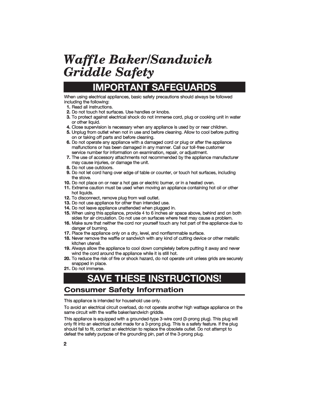 Hamilton Beach 840055700 manual Waffle Baker/Sandwich Griddle Safety, Consumer Safety Information, Important Safeguards 