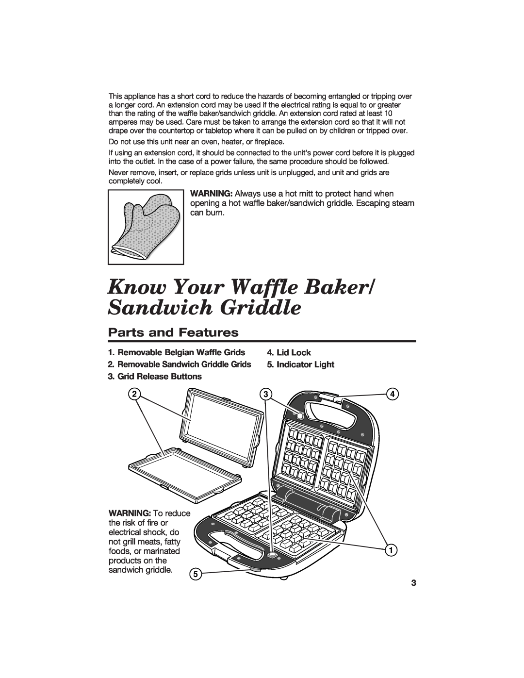 Hamilton Beach 840055700 Know Your Waffle Baker/ Sandwich Griddle, Parts and Features, Removable Belgian Waffle Grids 