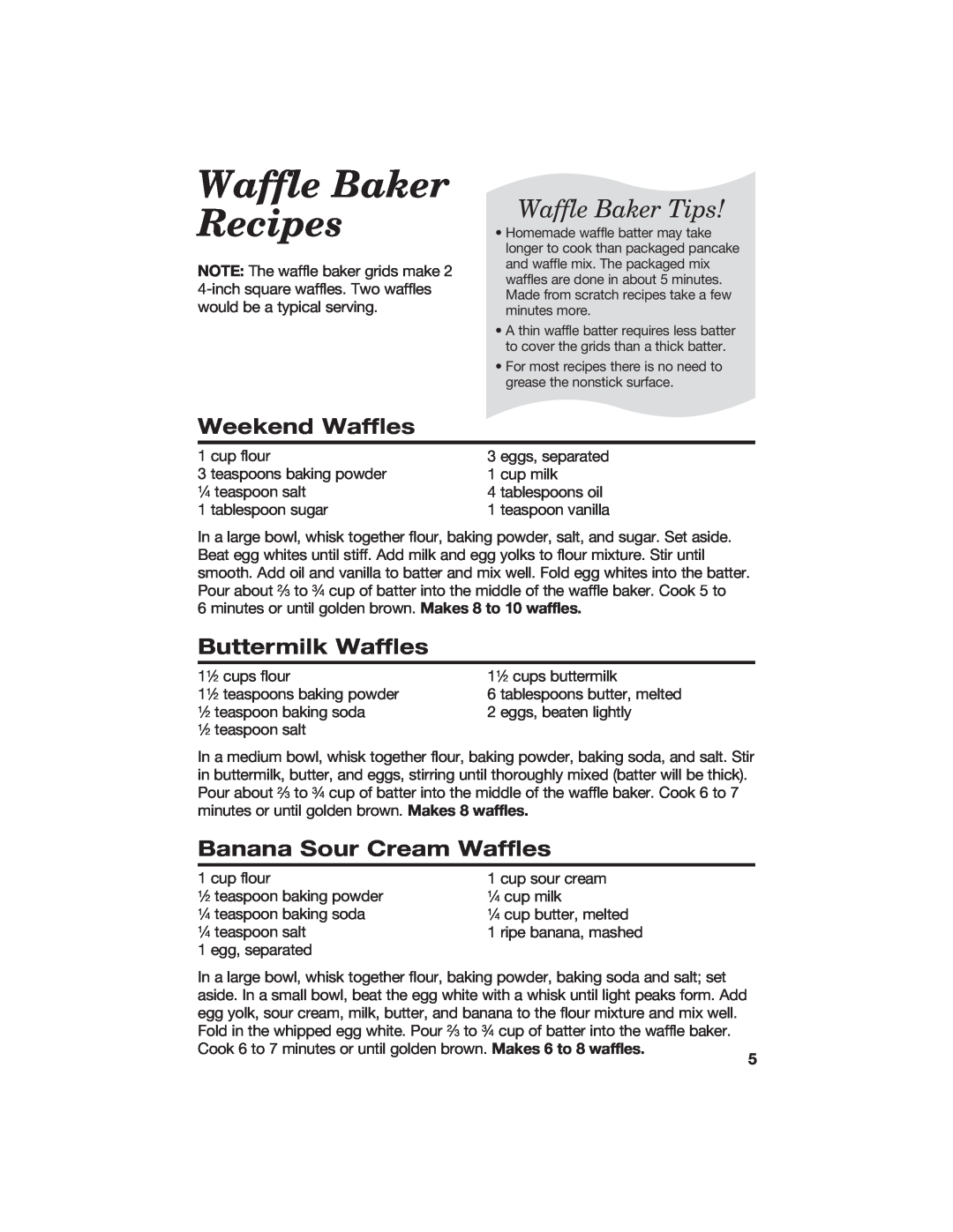 Hamilton Beach 840055700 manual Waffle Baker Recipes, Weekend Waffles, Buttermilk Waffles, Banana Sour Cream Waffles 