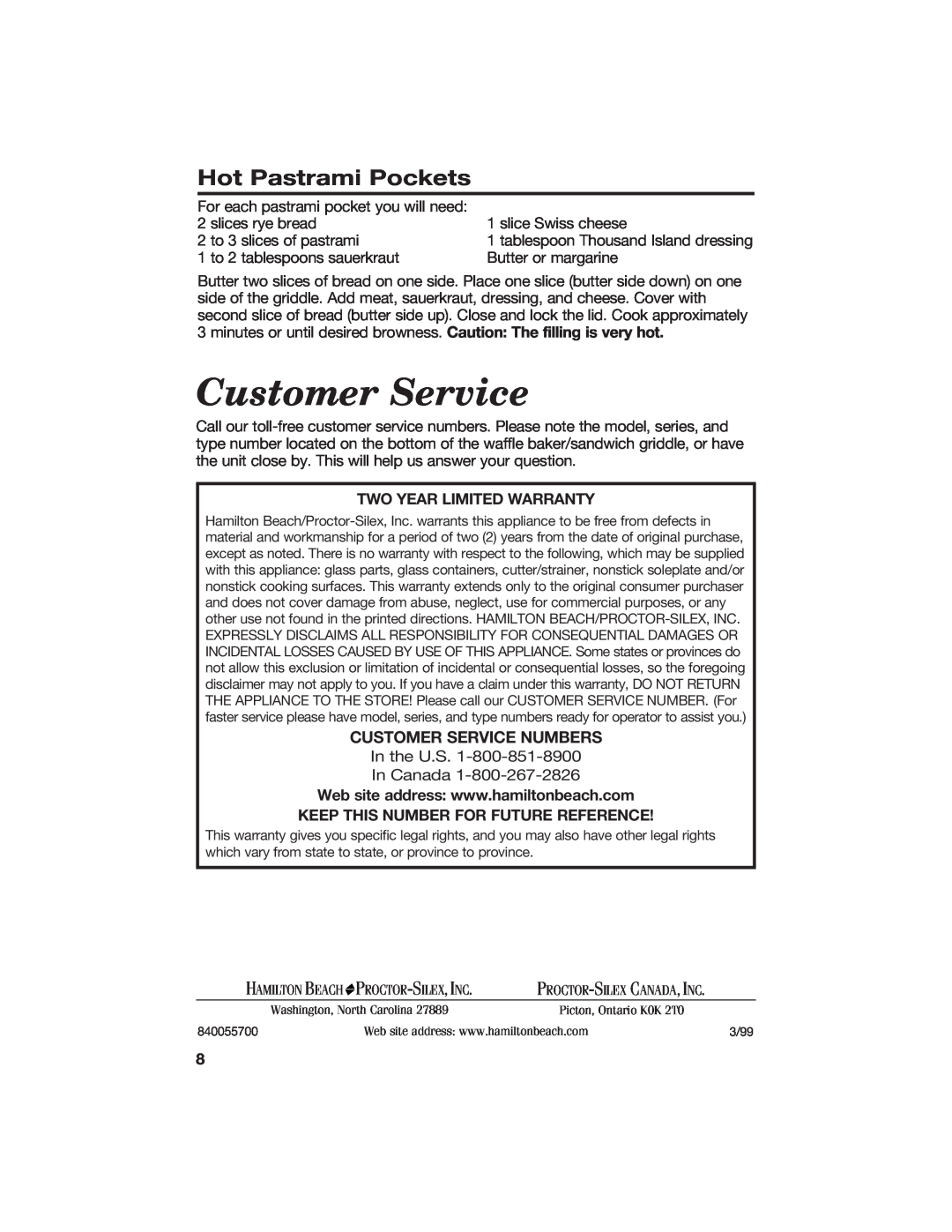 Hamilton Beach 840055700 manual Hot Pastrami Pockets, Two Year Limited Warranty, Customer Service Numbers 