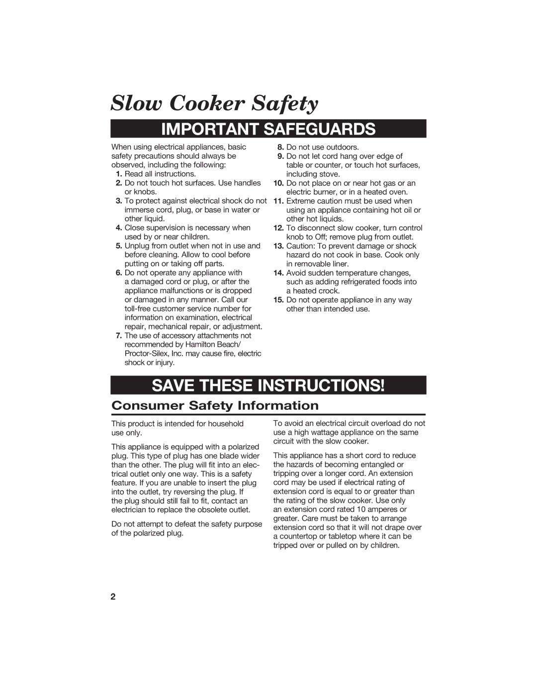 Hamilton Beach 840056100 manual Slow Cooker Safety, Consumer Safety Information 