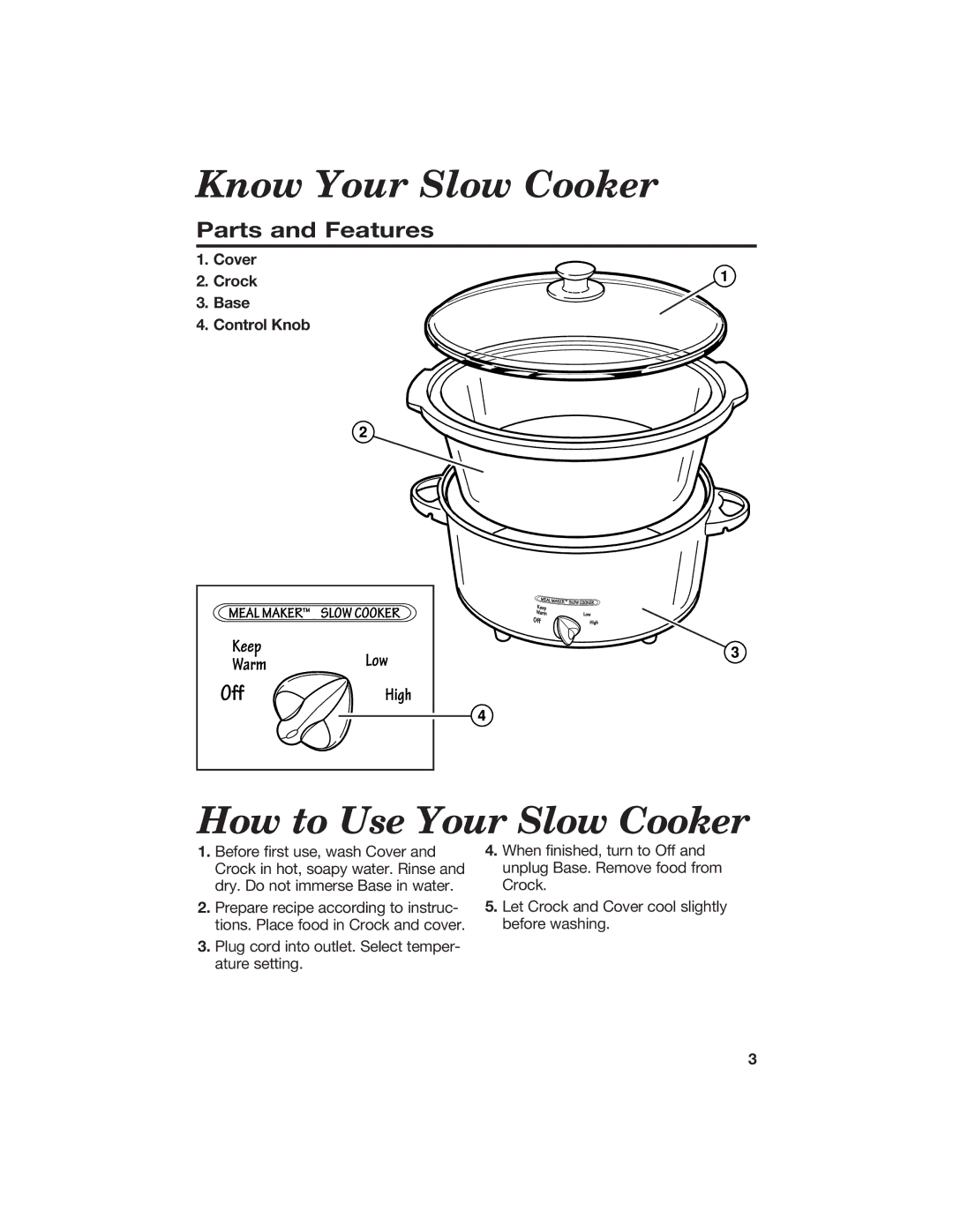 Hamilton Beach 840056100 manual Know Your Slow Cooker, How to Use Your Slow Cooker, Parts and Features 