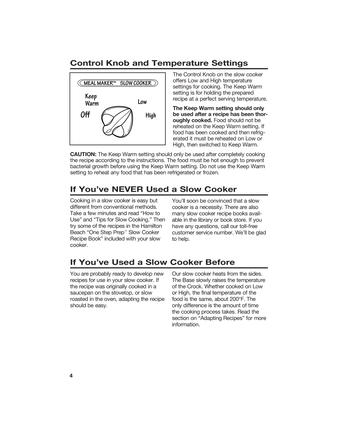 Hamilton Beach 840056100 manual Control Knob and Temperature Settings, If You’ve Never Used a Slow Cooker 