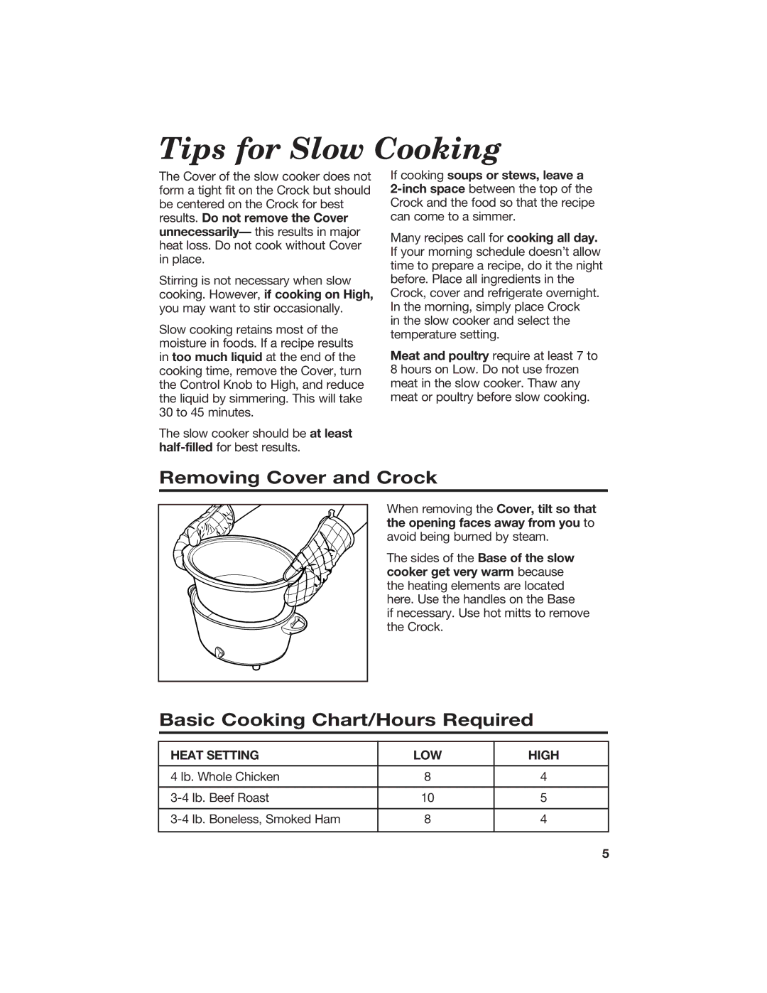 Hamilton Beach 840056100 manual Tips for Slow Cooking, Removing Cover and Crock, Basic Cooking Chart/Hours Required 