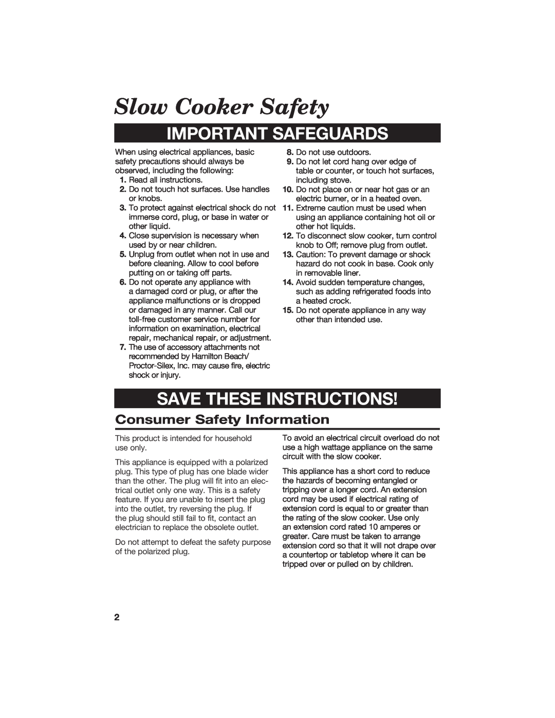 Hamilton Beach 840056100 Slow Cooker Safety, Consumer Safety Information, Important Safeguards, Save These Instructions 