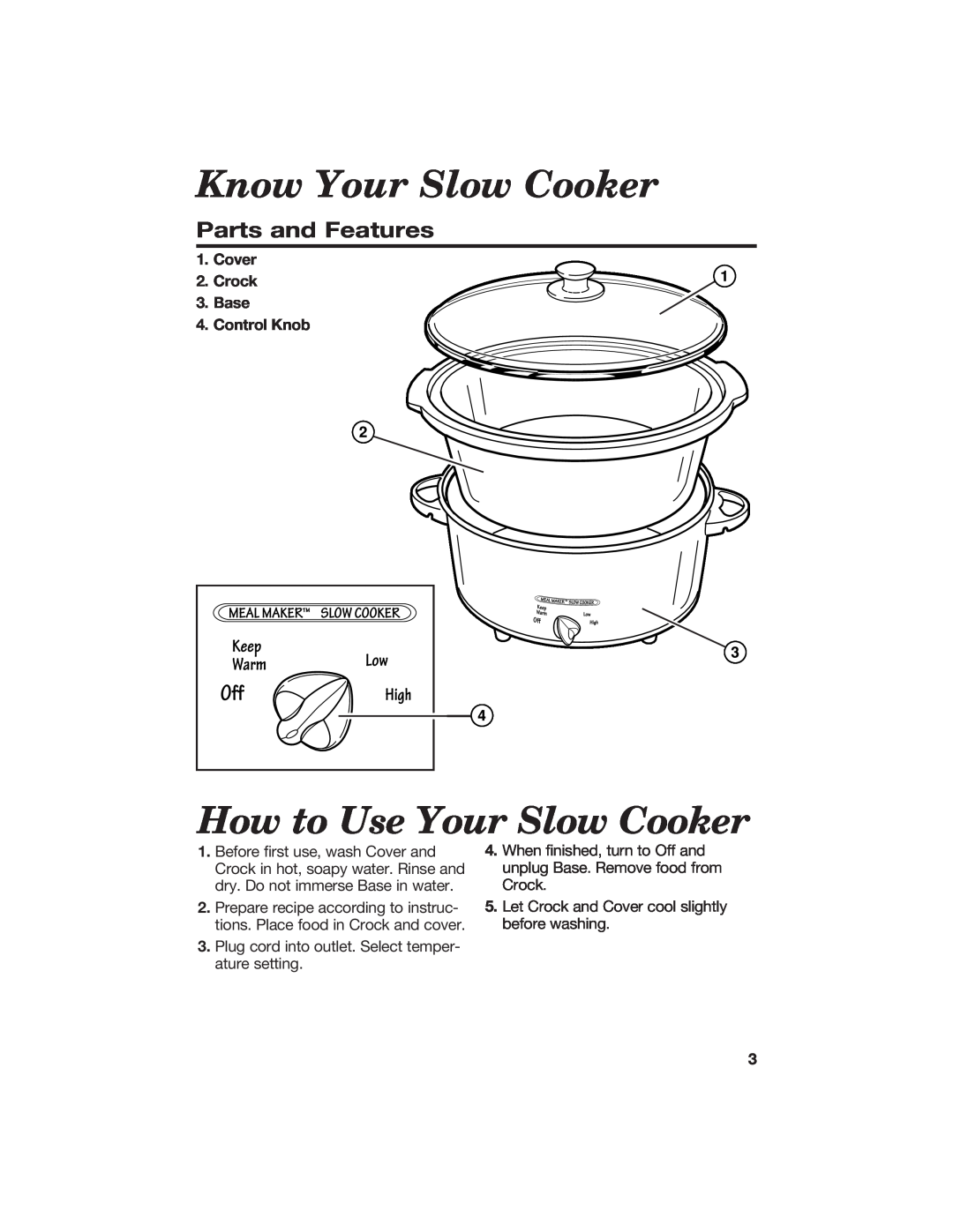 Hamilton Beach 840056100 manual Know Your Slow Cooker, How to Use Your Slow Cooker, Parts and Features 