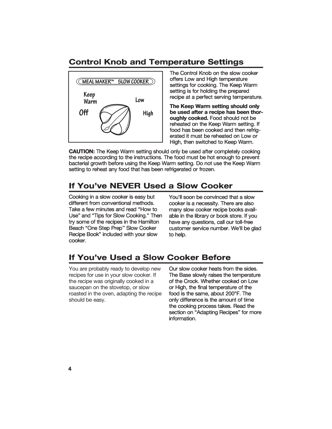 Hamilton Beach 840056100 manual Control Knob and Temperature Settings, If You’ve NEVER Used a Slow Cooker 