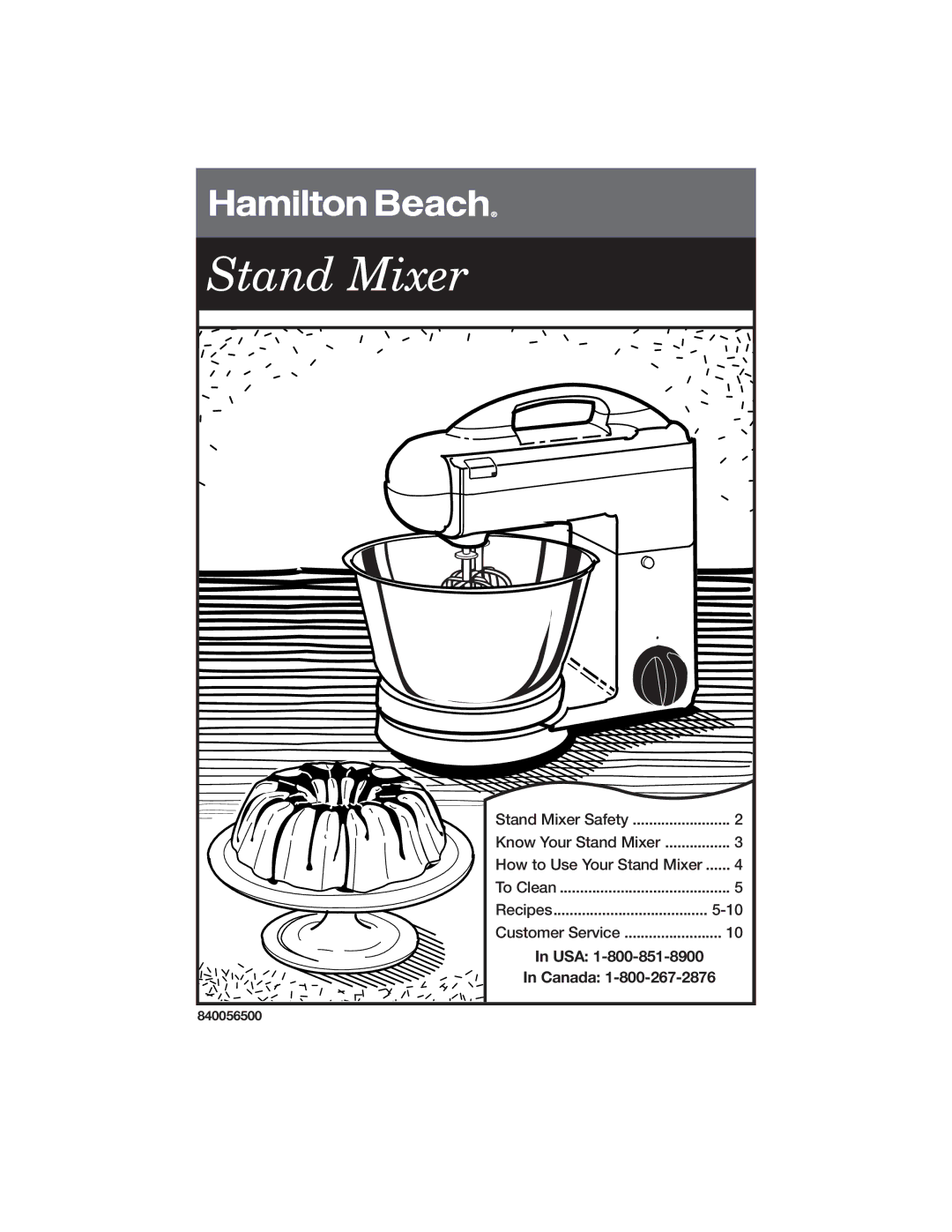 Hamilton Beach 840056500 manual Stand Mixer, USA Canada 